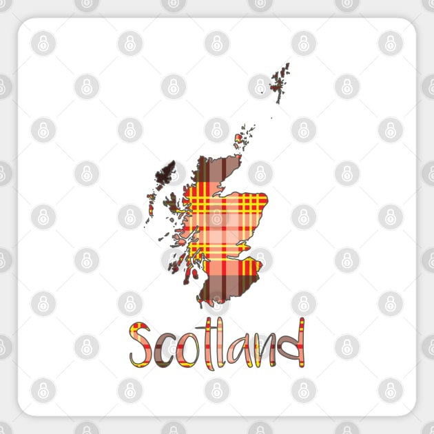 Scotland Red, Yellow, Black and White Tartan Map Typography Design Magnet by MacPean